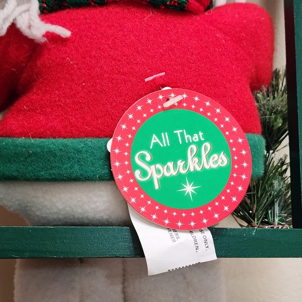 Red and Green Wood Wall Or Shelf Decor Plush Snowman With Pail Of Snowballs